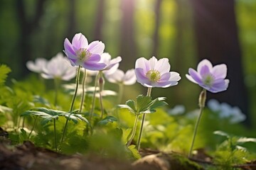 Generative AI : Beautiful white flowers of anemones in spring on background forest in sunlight in nature Spring morning forest landscape with flowering primroses soft selective focus in foreground