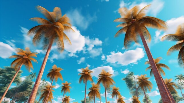 Generative AI : Beautiful natural tropical background with palm trees against a blue sky with clouds