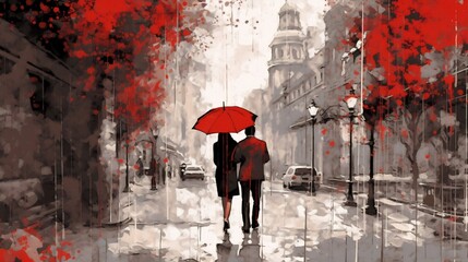 Generative AI : A man and a woman adulthood under red and black umbrella walking down the street in the winter snow Beautiful couple under an umbrella view from the back in snowfall Love relationship 