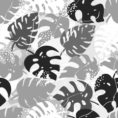 Fototapeta premium Seamless pattern of tropical palm leaves, jungle Monstera leaves, brush shape. Collection of silhouette plant and grunge texture. Hand drawn vector illustration for wallpaper, wrapping paper, fabric