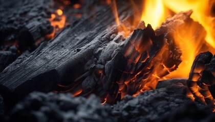 Generative AI : Beautiful fire in the fireplace or campfire with hot coals closeup macro Languages spurts of blue flame on embers