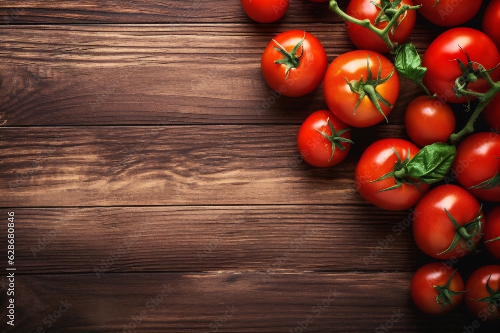 Poster generative ai : creative composition of red tomatoes and pepper around a wooden boxon a wooden brown