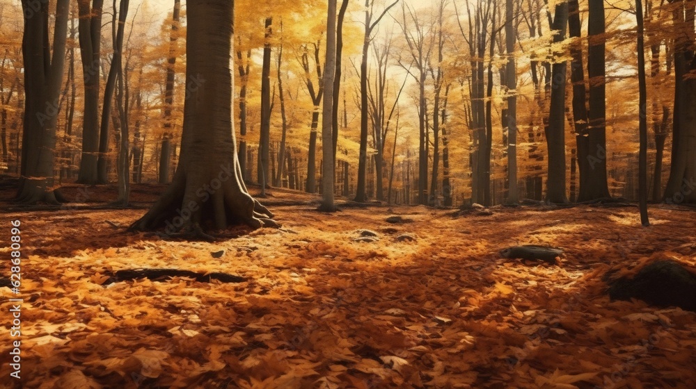 Poster Generative AI : Beautiful autumn forest with a carpet of fallen orange leaves and maple trees in bright yellow sunlight in nature