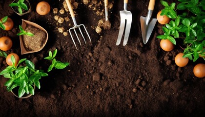 Generative AI : Background layout concept for gardening and agriculture on a brown wooden table top view copy space Garden tools and accessories seedlings Bell pepper in pot on old board rustic style 