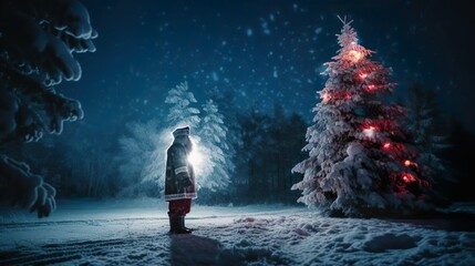 Santa Claus in the winter forest near the Christmas tree. Magic Christmas night. New year eve....