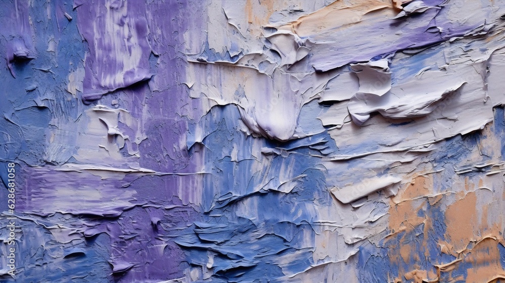 Poster Generative AI : Background image of texture of plaster in blue and purple tones with light area and traces of processing