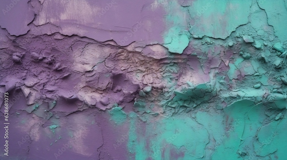 Poster Generative AI : Background image of texture of plaster in blue and purple tones with light area and traces of processing