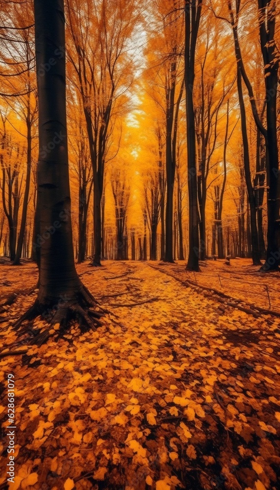 Poster Generative AI : Beautiful autumn forest with a carpet of fallen orange leaves and maple trees in bright yellow sunlight in nature