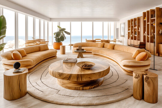 Mid-century coastal home interior design of modern living room in seaside villa.