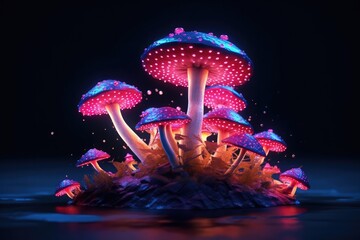 Close-up glowing mushrooms in ultra realistic style in purple and red lighting style.