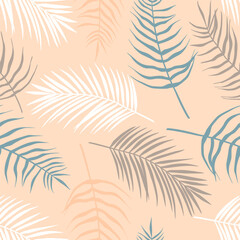 Seamless pattern of tropical leaves of palm tree, Arecaceae leaf. Exotic collection of silhouette plant. Hand drawn botanical vector illustration for greeting card, wallpaper, wrapping paper, fabric