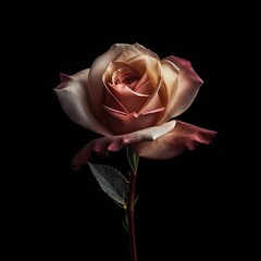 Single rose on a dark black background, cinematic light.