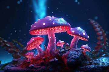 Fototapeta na wymiar Close-up glowing mushrooms in ultra realistic style in purple and red lighting style.