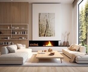 White and wood-dominated living room with fireplace.