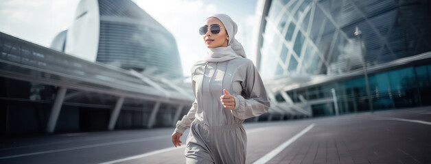 attractive woman in tracksuit running wearing turban or hijab head scarf for diversity and middle...