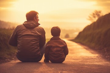 Photograph of father and son walking on the road with their backs turned.