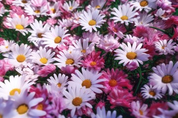 Fototapeta na wymiar Aerial view of daisies in white and pink style on green grass.