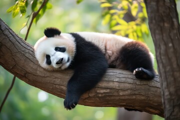 Fototapeta premium Panda Bear Sleeping on a Tree Branch, China Wildlife. Bifengxia nature reserve, Sichuan Province. Cute Lazy Baby Panda Sleeping in the Forest, Enjoying an afternoon nap with paws Hanging Down.