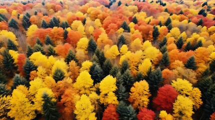 Fototapeta na wymiar Aerial drone view over autumn forest. Colorful trees in the wood Generative AI