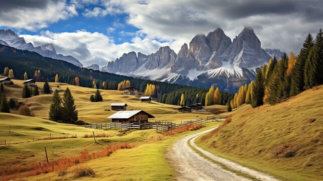 Alpine meadows with barns in Autumn, Dolomites, Italy Generative AI