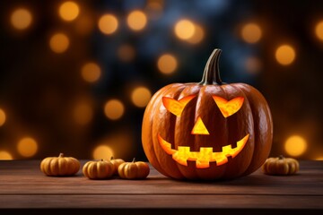 Pumpkin on a blurred background with portrait lens style bokeh. Halloween concept. Background with selective focus