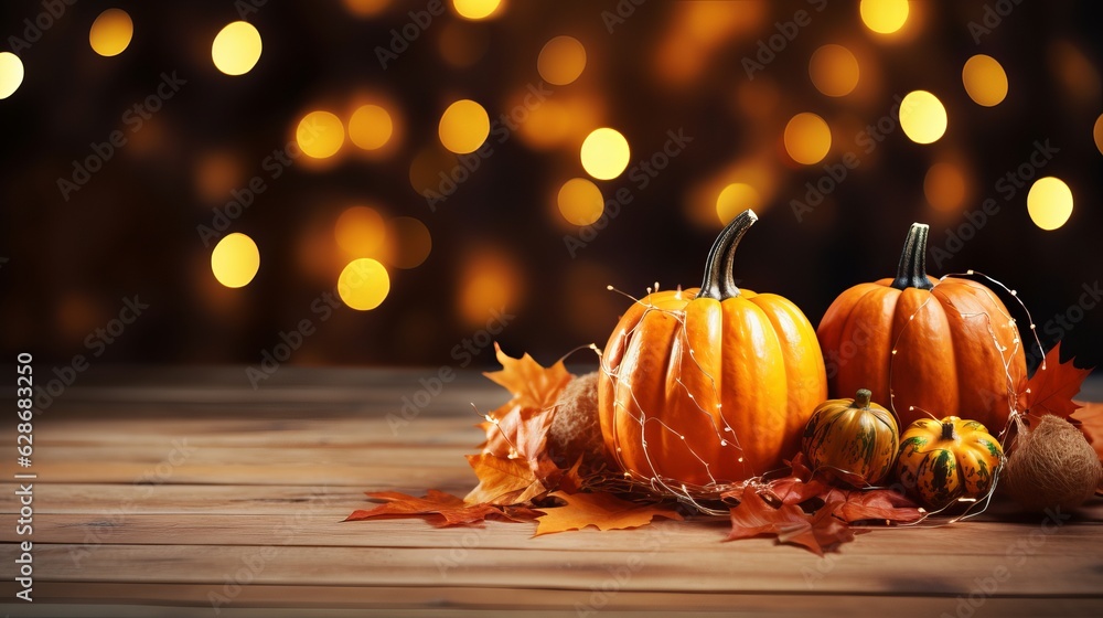 Wall mural thanksgiving holiday party background, autumn pumpkin and holidays light decoration generative ai