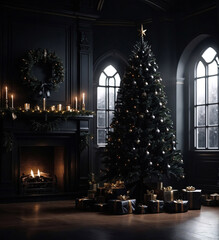 dark christmas tree in the room