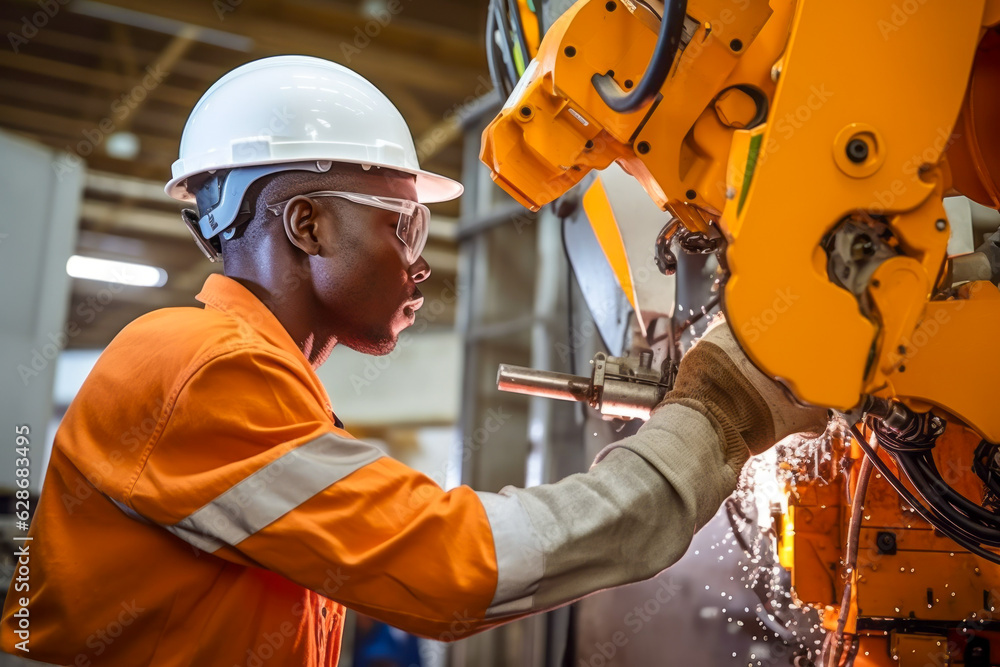 Aufkleber engineer checking and controlling automated robotic arms in industrial factory with welding robotics