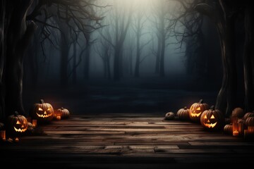 Spooky halloween background with empty wooden planks, dark horror background. Celebration theme, copyspace for text. Ideal for product placement