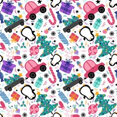 Cartoon Christmas animals seamless penguin and candy and gift box pattern for wrapping paper and fabrics