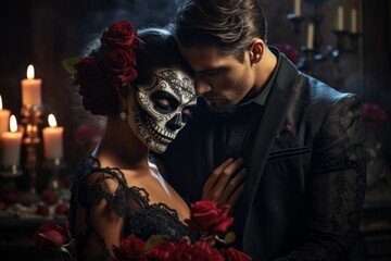 A couple in love is celebrating at a party. Halloween concept. Background with selective focus and copy space