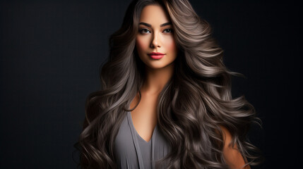 Fototapeta premium Beautiful brunette girl with very long well-groomed smooth hair. Develop. Advertisement for hairdresser, beauty salon, hair banner. AI generation