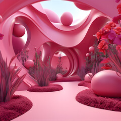Pink 3D arc in the floral garden illustration 