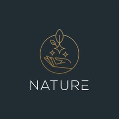 Luxury logo of women's hands in a minimal linear style. Vector emblems with hand and leaf.