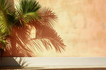 Textured relief wall with palm trees and palm shadows. Empty place. Banner.. ai generation