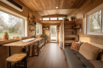Fototapeta na wymiar Tiny house interior with warm wooden decor light, generative AI
