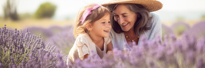 Portrait of happy senior woman and little girl in lavender field. Concept of friendly family. 