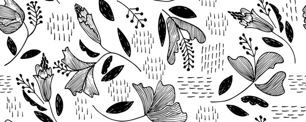 Modern hand drawn illustration with black flowers hibiskus  rose seamless pattern on white background. Vector abstract illustration. Floral hand drawn design. © Vitalii