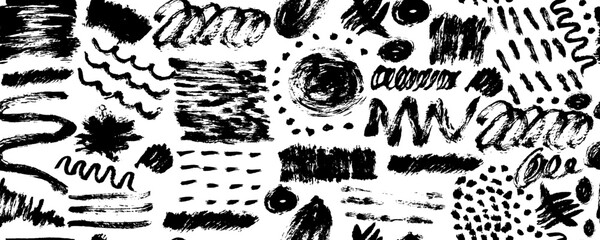 Geometric seamless pattern in memphis style. Hand drawn curved and wavy lines with grunge circles. Straight brush strokes, triangles, circles, zigzag lines. Messy doodles, bold curvy lines illustratio