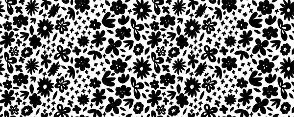 Flower seamless pattern. Simple floral texture. Flower silhouettes. Small meadow plants. Summer botanical background. Design for fabric and texture, dresess,