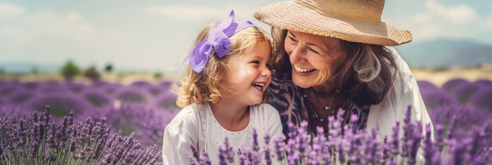 Portrait of happy senior woman and little girl in lavender field. Concept of friendly family. 