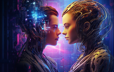 Cybernetic man and woman, standing face-to-face and gazing into each other's eyes. Cybernetic love. advanced AI technology.  SCI-FI, Emotion and machine learning. (Generated with AI)