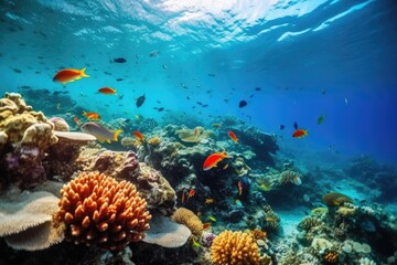 Fototapeta na wymiar Fish swimming in coral reef under deep blue sea and amazing view of undersea.