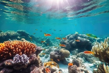 Fish swimming in coral reef under deep blue sea and amazing view of undersea.