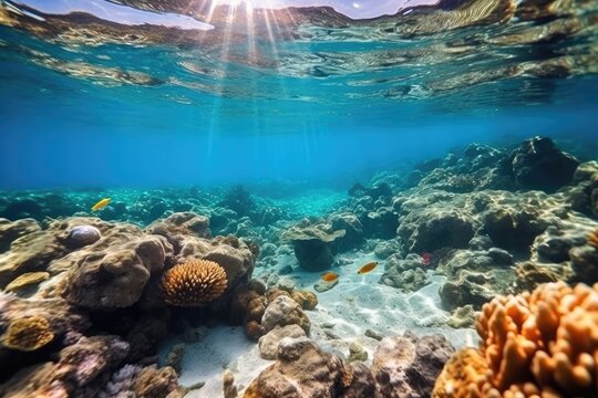 Fish swimming in coral reef under deep blue sea and amazing view of undersea. © OKAN