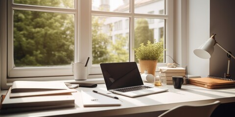 White Table with Laptop and Hot Coffee in Modern Room, Bathed in Sun-Kissed Summer Vibes with a Garden View, Blending Officepunk Style and Nature