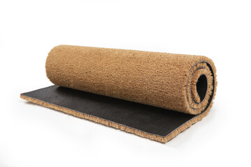 Natural brown coconut fiber doormat. Plain natural dry carpet and dirt outside your entrance, Detail, closeup of fiber and base on white background.