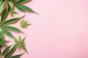 Fototapeta na wymiar Fresh cannabis leaves lay on a flat surface with copy space for text. Light pastel green and pink colors. Marijuana banner template.