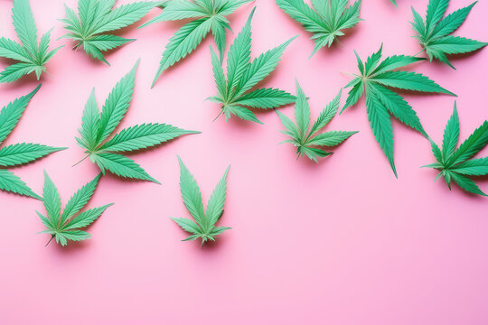 Fresh cannabis leaves lay on a flat surface with copy space for text. Light pastel green and pink colors. Marijuana banner template.