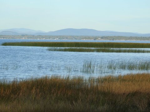 A picturesque view of Lake Champlain from the shores of the Ausable Marsh Wildlife Management Area, with the Adirondack Mountains in the background, Clinton County, Upstate New York.  